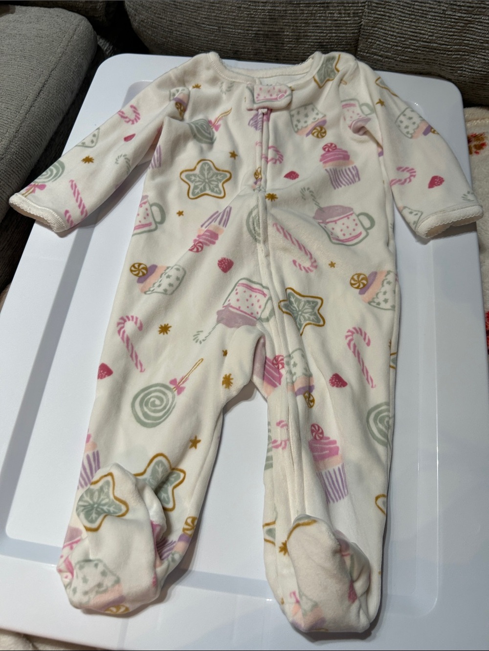 Carter's Cream Fleece Footed One-Piece with Pastel Sweets Print